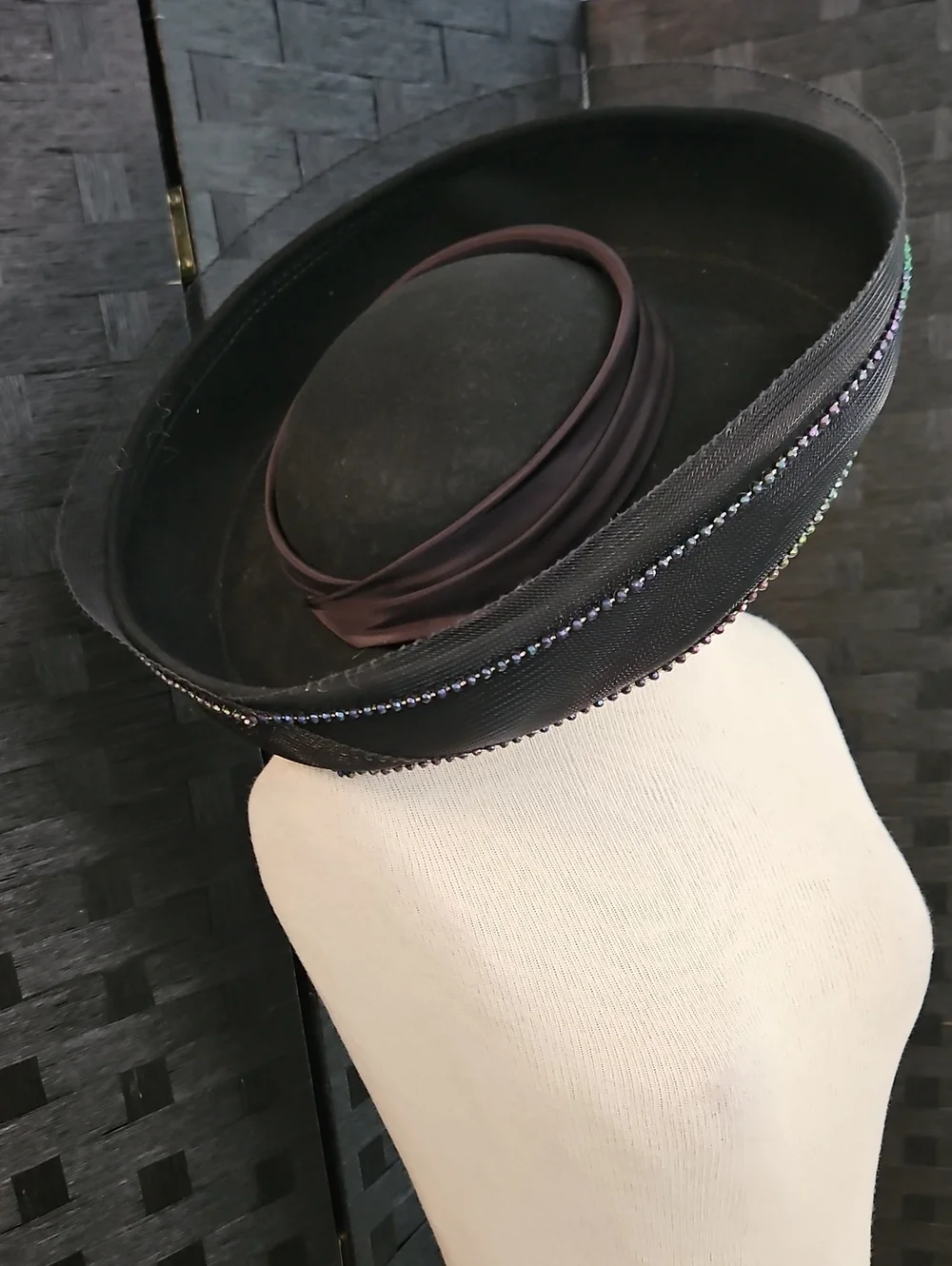 Vintage 1980's Sylvia Black Breton Decorative Women's Hat with Rhinestone Trim
